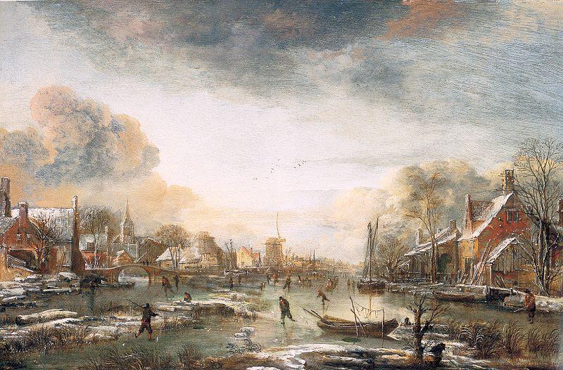 A Frozen River by a Town at Evening, Aert van der Neer